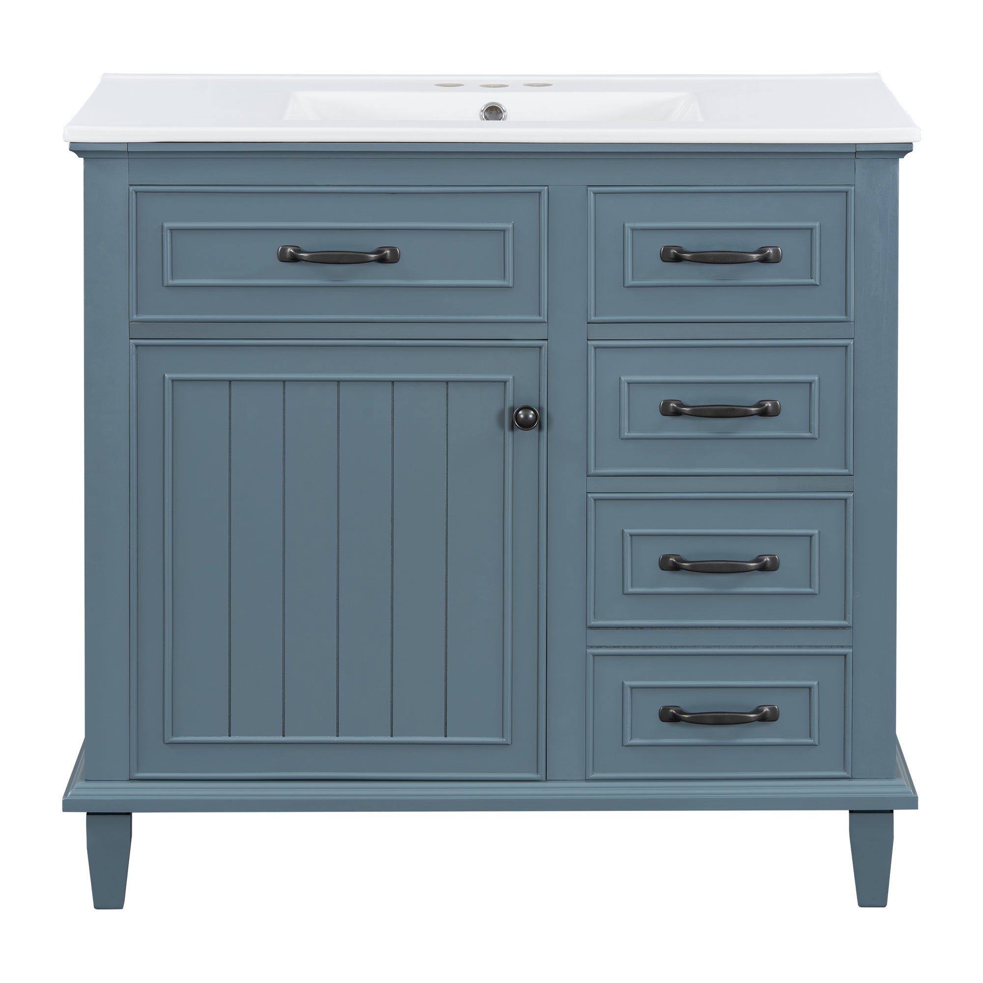 VanityFus 36-in Blue Grey Bathroom Vanity Single Sink Combo Ceramic Top 1 Soft Close Door 4 drawers Undermount Adjustable Shelves